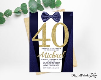 40th Birthday Invitations, Men Birthday Party, Navy Blue Invite, Gold and Navy Blue Tuxedo Invitation, PERSONALIZED, Digital file, M247