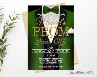 Prom Send Off Invitations, Tuxedo Invitation, Prom E-Invite Party,  Gold and Green Invitation, PERSONALIZED, Digital file, #6