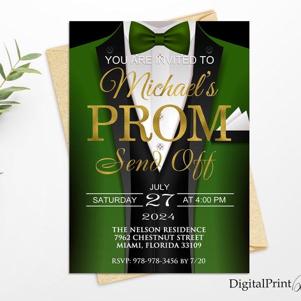 Prom Send Off Invitations, Tuxedo Invitation, Prom E-Invite Party,  Gold and Green Invitation, PERSONALIZED, Digital file, #6