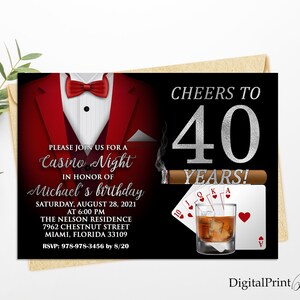 Convite para cartas de jogar, noite de cassino, convite de 40 anos, convite vermelho e uísque e Royal Flush, PERSONALIZADO, arquivo digital, M188