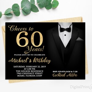 60th Birthday Invitations, Tuxedo Birthday Invitation, Men Birthday Party,  Cheers To 60 Years Invitation, PERSONALIZED, Digital file, M123