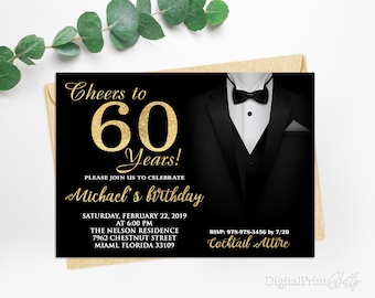 60th Birthday Invitations, Tuxedo Birthday Invitation, Men Birthday Party,  Cheers To 60 Years Invitation, PERSONALIZED, Digital file, M123