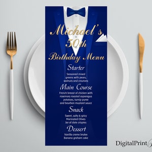 Men Birthday Menu, Tuxedo Birthday Menu, Tuxedo Birthday Invitation, Men Birthday Party, PERSONALIZED, Digital file, W249