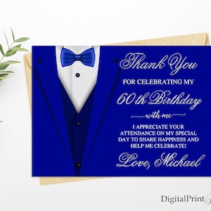 Cartão de agradecimento, cartão de agradecimento de smoking azul e prateado, convite para festa de aniversário de 60 anos adulto, PERSONALIZADO, arquivo digital, M260
