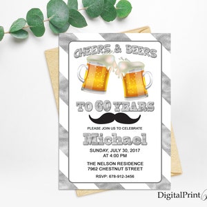 Cheers & Beers To 60th Years, 60th Birthday Beer Themed Invitations, Men Birthday Party, Beer Party, PERSONALIZED, Digital file, M80