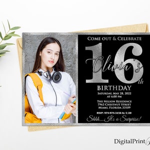 16th Birthday Invitation, Silver and Black Birthday invite, Girls Birthday Invitation, Silver Glitter Invite, PERSONALIZED Digital file, #14