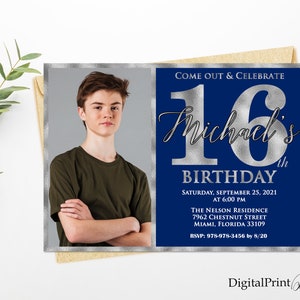 16th Birthday Invitation, Silver and Blue Birthday invite, Boys Birthday Invitation, Silver Glitter Invite, PERSONALIZED, Digital file, #16