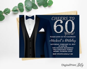 60th Birthday Invitations, Men Birthday Party, Silver and Black Invite, The Tuxedo Invitation, PERSONALIZED, Digital file, M56