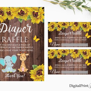 Windel-Verlosungskarten, Elefant-Windel-Verlosungsschild, Sonnenblumen-Babyparty-Windel-Verlosung, PERSONALISIERT, Digitale Datei, BS31