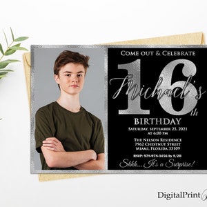 16th Birthday Invitation, Silver and Black Birthday invite, Boys Birthday Invitation, Silver Glitter Invite, PERSONALIZED, Digital file, #2