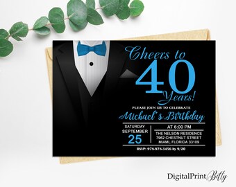 40th Birthday Invitations, Tuxedo Birthday Invitation, Men Birthday Party,  Cheers To 40 Years Invitation, PERSONALIZED, Digital file, M252