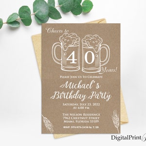 May include: A brown paper invitation with white text and illustrations. The invitation is for a 40th birthday party for Michael. The invitation includes the date, time, location, and RSVP information.