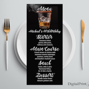 Menu d’anniversaire pour hommes, Menu Whisky et cigares, Invitation d’anniversaire au whisky et au cigare, Fête d’anniversaire pour hommes, PERSONNALISÉ, Fichier numérique, W213