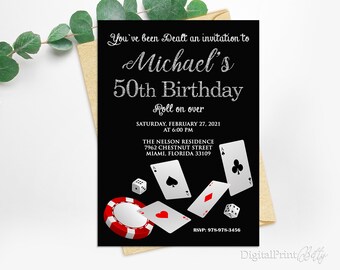50th Birthday Invitations, Casino Birthday Party, Casino Birthday Invite, Cheers To 50 Years Invitation, PERSONALIZED, Digital file, M102