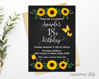 18th Birthday Invitation, Sunflower Birthday Invitation, Floral Birthday Invite, PERSONALIZED, Digital file, W43