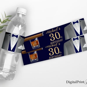 Birthday Water Bottle Labels, Whiskey and Cigar Birthday Invitation, Whiskey and Cigar Birthday Labels, PERSONALIZED, Digital file, W127