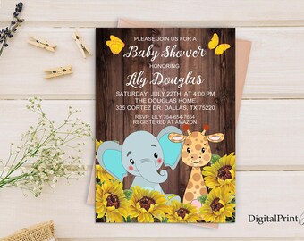 Elefant-Babypartyeinladung, druckbare Babyparty, Sonnenblumen-Babypartyeinladung, rustikale Babypartyeinladung, digitale Datei, BS34