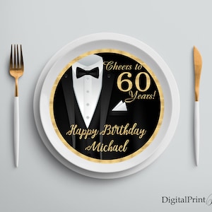 Charger Plate Insert, The Tuxedo Birthday Charger Plate Insert, Men Birthday Party, Cheers To 60 Years, PERSONALIZED, Digital file, M21