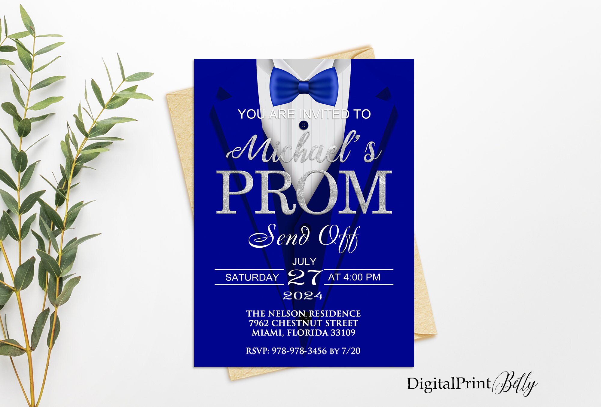 Prom Send Off Invitations, Tuxedo Invitation, Prom E-Invite Party,  Silver and Royal Blue Invitation, PERSONALIZED, Digital file, #4