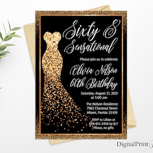 Sixty and Sensational Invitation, Rose Gold Glitter 60th Woman Birthday Invitation, Any Age Birthday Invite, PERSONALIZED, Digital file, W34