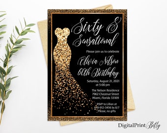 Sixty and Sensational Invitation, Rose Gold Glitter 60th Woman Birthday Invitation, Any Age Birthday Invite, PERSONALIZED, Digital file, W34