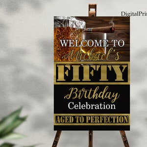 Whiskey and Cigar Welcome Sign, Welcome Sign, Birthday Sign, Whiskey and Cigar Birthday Party Welcome Sign, PERSONALIZED, Digital file#201