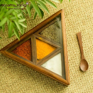 Indian Decorative Pyramid Multi-Utility Sheesham Wooden Spice/Masala Box for Kitchen (4 Containers, 19.1 cm X 17.0 cm X 5.1 cm, Brown)