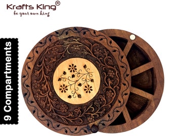 Indian beautiful Carved Spice/Masala box with floral burnt design engraved in RoseWood, Spice Box for kitchen, 9 Compartments, 9X9X2.3 Inch