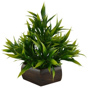 Plastic & Wood Artificial Bamboo Leaves Plant with Wood Hexagon Pot (20 cm, Green)