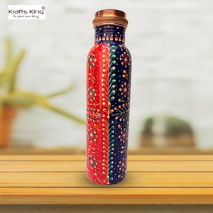 Hand painted Multicolored Meena Art Pure Copper Bottle in Indian Traditional Paint/Meena Art, Capacity - 950 ml/ 32 fl oz