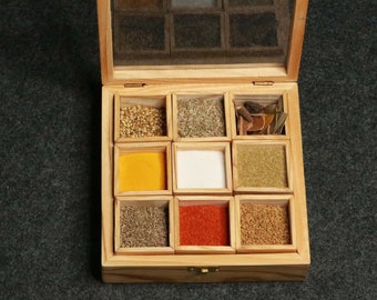 Handcrafted Wooden Spice Box Set for Kitchen with Containers in Pine Wood (9 Removable/Detachable Containers), Masala Dabba/Box for kitchen