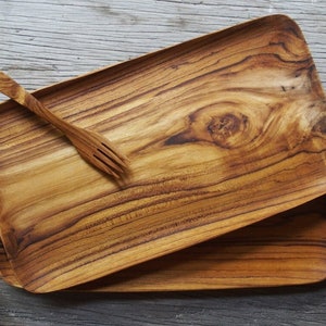 Rectangle Wooden Tray Set of 2  in Teak Wood | Serving Tray | Medium Size Serving Platter Wooden for Kitchen, Size-10x5 inches, Color-Brown