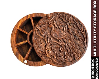 Handcrafted Carved Wooden Round Spice Box with Traditional Carving of Peacock in Rosewood for Kitchen & Gifting, 9 Sections, 9*9*2.5inch