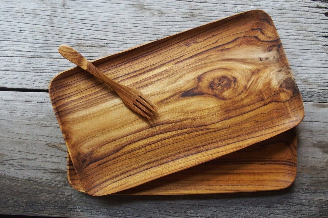 Rectangle Wooden Tray Set of 2 in Teak Wood Serving Tray Medium Size