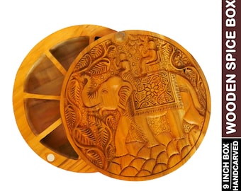 Wooden Handcrafted Round Spice/Masala box with Traditional Carving of Ambari Elephant in Teak wood, Spice Container, 9 Sections, 9*9*2.5inch