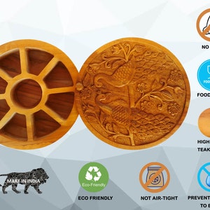 May include: A round wooden box with a carved peacock design on the lid. The box has 7 compartments inside and is made of high-grade teak wood. It is eco-friendly and food grade.