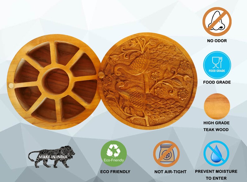 May include: A round wooden box with a carved peacock design on the lid. The box has 7 compartments inside and is made of high-grade teak wood. It is eco-friendly and food grade.