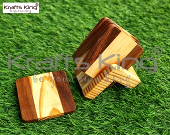 Wooden Square Dual Tone Tea Coasters Set of 4 with Decorative Holder, Tabletop Coasters for Tea Coffee Cups Mugs Beer Cans Bar Glass