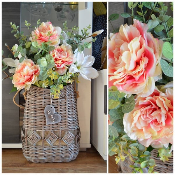 Flower basket on the front door Door basket with flowers Basket for front door Front hanging basket Rustic door basket   Basket with peonies