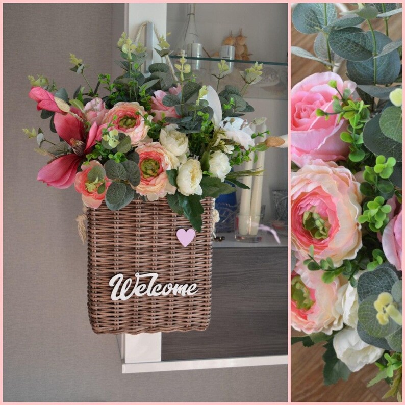 Door basket with flowers Wicker hanging basket Basket for Etsy