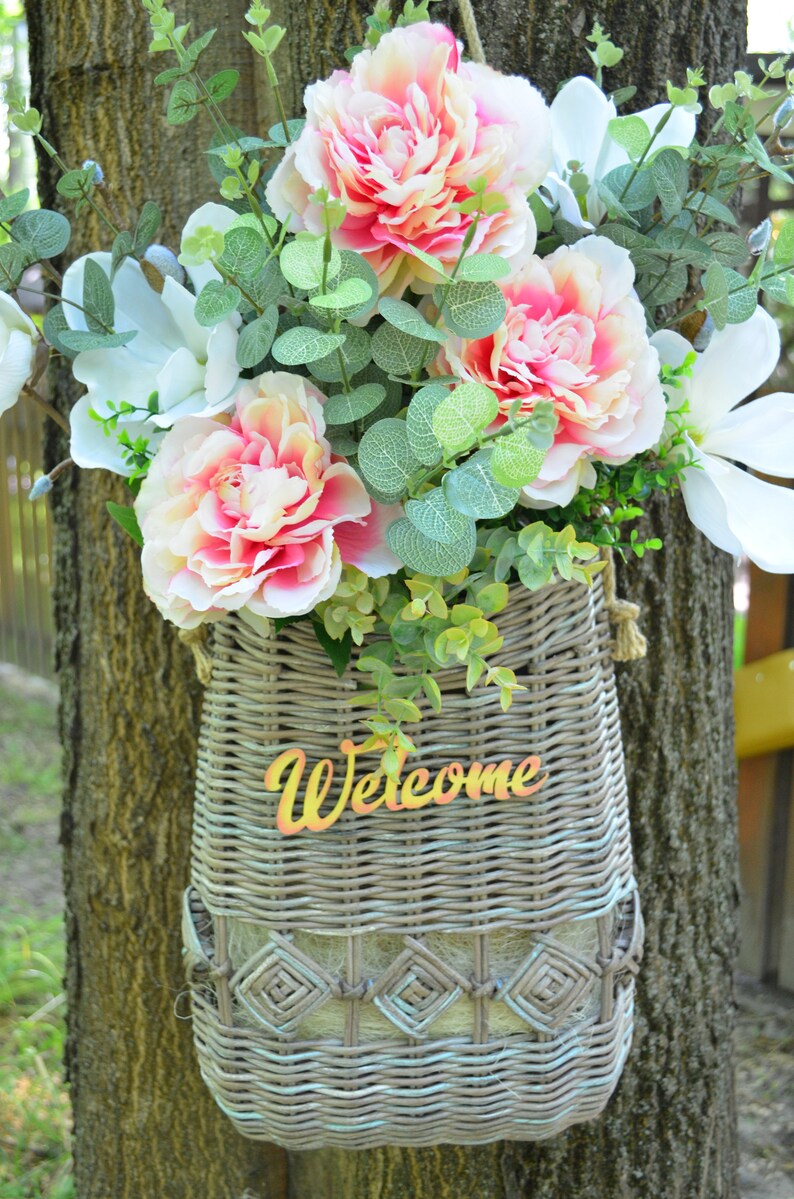 Flower Basket on the Front Door Door Basket With Flowers Etsy