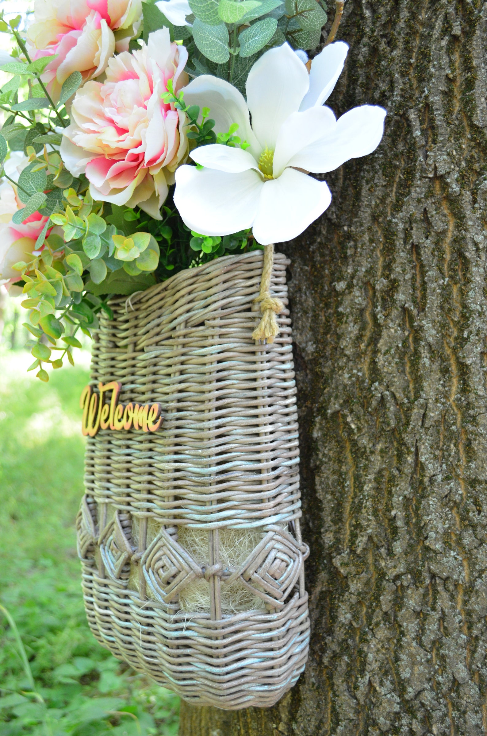 Flower Basket on the Front Door Door Basket With Flowers Etsy