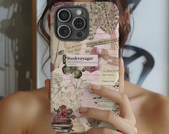 May include: A phone case with a collage design featuring floral elements, butterflies, and text fragments. The case has a vintage aesthetic with a color palette of beige, pink, and burgundy. The text "Bookvoyager" is visible on the case.