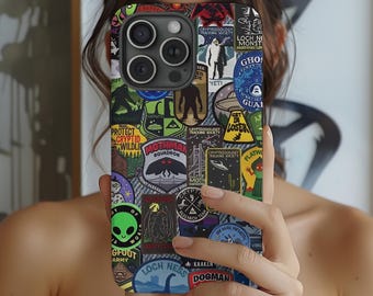 May include: A smartphone case featuring a collage of cryptid-themed patches. The patches include images of the Mothman, Loch Ness Monster, Bigfoot, and other mysterious creatures. The case has a black background and a glossy finish.