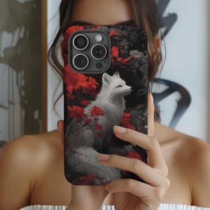 White fox phone case, Kitsune spirit iPhone cover, Red floral Samsung galaxy, Forest animal Google Pixel, Woods flower, Trending wildlife