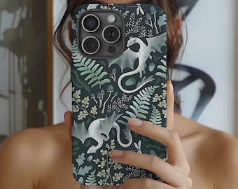 May include: A smartphone case featuring a dark green background with a repeating pattern of white dragons, ferns, and mushrooms. The case has a glossy finish and a camera cutout.