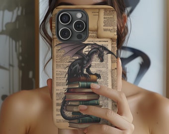 Funda de teléfono con dragón, funda para iPhone con temática de libros de fantasía, Samsung Galaxy para amantes de la literatura, Google Pixel con collage grunge, biblioteca mágica mítica