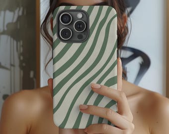 Waves green phone case, Minimalist sage iPhone cover, Wavy line Samsung galaxy, Trending curve striped Google Pixel, Swirl stripe design