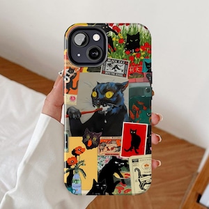 Funda para teléfono con collage de gatos, funda divertida para iPhone con memes, lindo gatito para Samsung Galaxy, álbum de recortes de gatitos para Google Pixel, dueña de una mascota, tablero de estado de ánimo retro