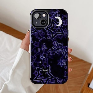 May include: Black phone case with a purple neon star pattern and a white crescent moon. The case has a glossy finish and a camera cutout. The design features a repeating pattern of stars in various sizes, creating a celestial theme.
